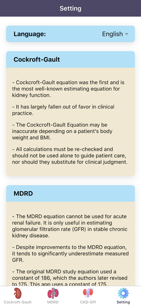Settings screen of eGFR Calculators Pro showing descriptions for Cockroft Gault and MDRD medical formulas