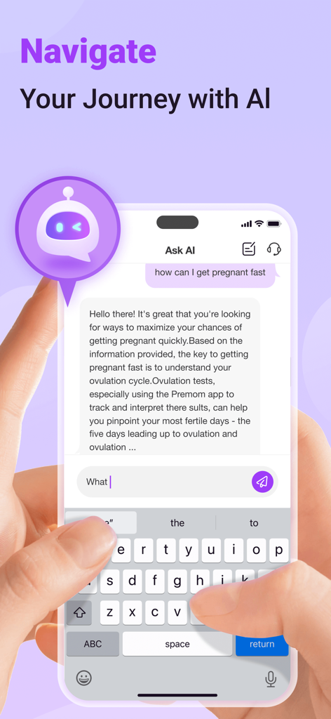Premom Ovulation Tracker - A person using the Premom app AI chat feature to ask about getting pregnant.