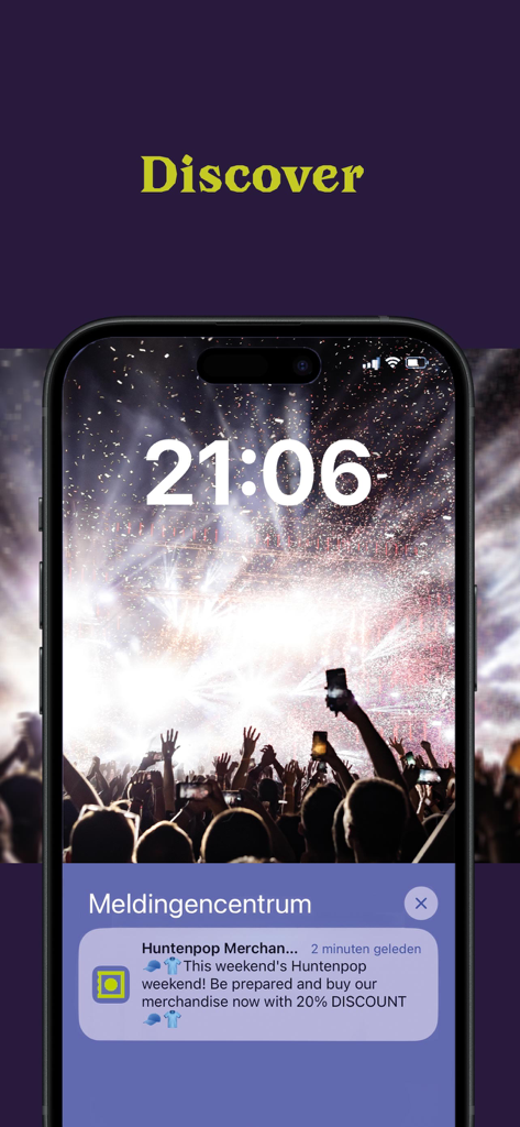 Ticketkeeper app lock screen showing an event notification with a merchandise discount offer