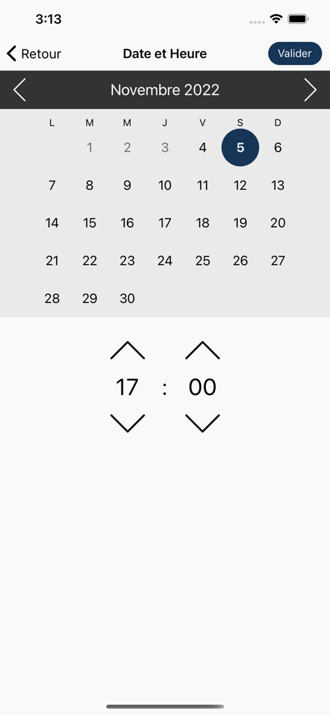 En woute - Écran de sélection de la date et de l'heure pour planifier un trajet dans l'application En woute
