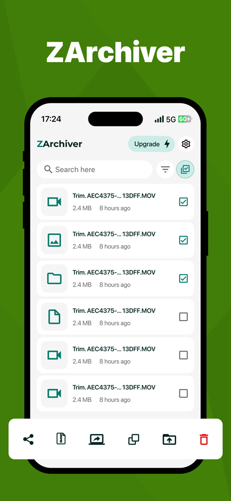 Interface of ZArchiver app showing a list of files and management options on iPhone