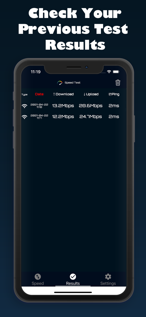 Interfaccia dell'app SpeedTest che mostra un elenco dei risultati dei precedenti test di velocità Internet, inclusi velocità di download, velocità di upload e ping