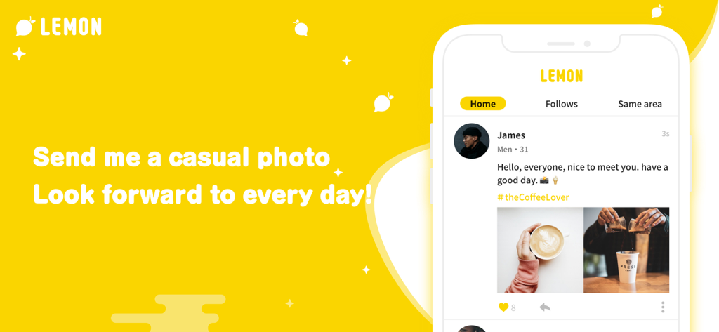 LEMON - very fun chat app - LEMON app screenshot showing a social feed with user posts and a photo sharing prompt on a yellow background.
