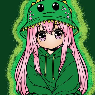 girl with anime shaped eyes with a dinosaur bucket hat oversized sweatshirt long straight hair