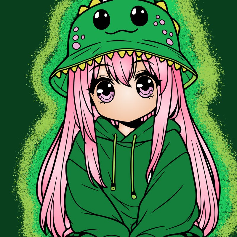 girl with anime shaped eyes with a dinosaur bucket hat oversized sweatshirt long straight hair