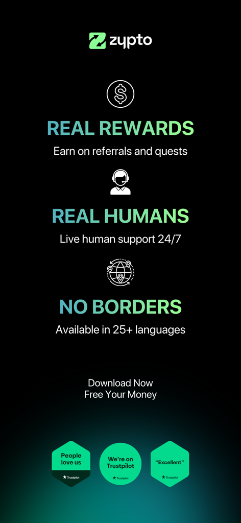 Zypto Crypto & Bitcoin Wallet - Key features of the Zypto crypto app including referral rewards, 24/7 live human support, and high Trustpilot ratings.