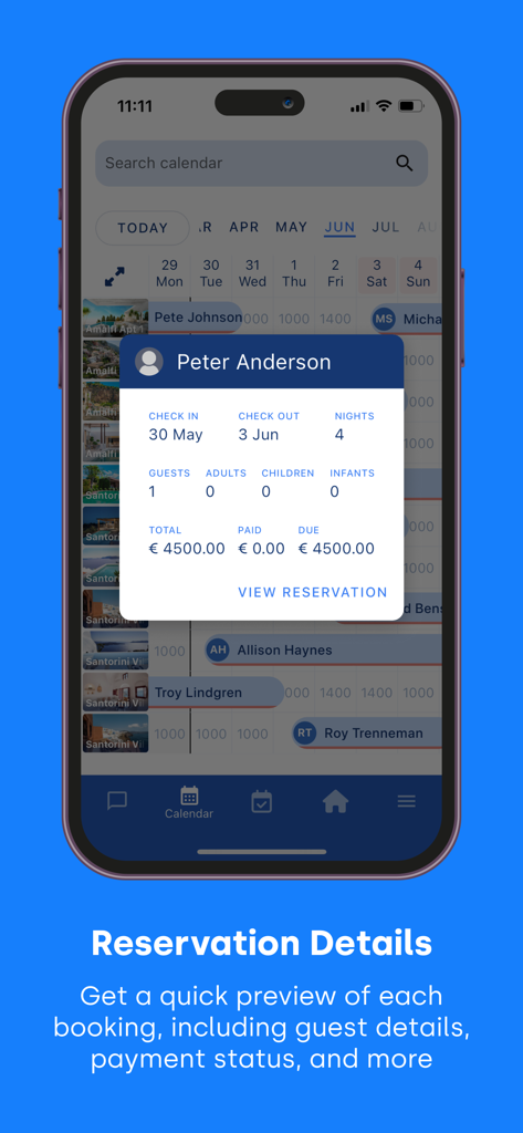Hostify - Pantalla móvil de la aplicación Hostify que muestra información detallada de la reserva para una reserva de alquiler vacacional.
