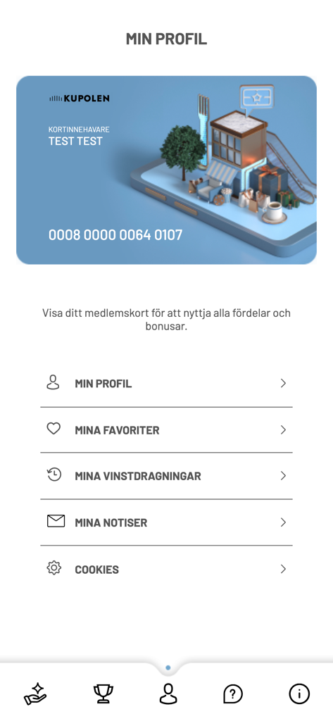 Kupolens Kundklubb - Digitale Mitgliedskarte und Benutzerprofilmenü in der Kupolens Kundklubb-App