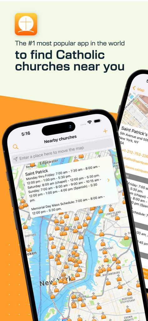 Map view in Catholic Mass Times app showing nearby churches and schedules in New York City