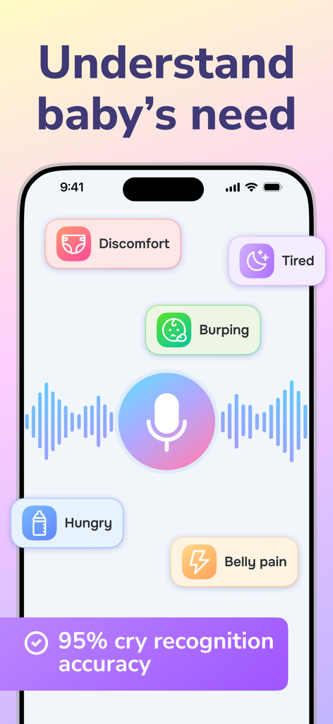 Cry Analyzer · Baby Translator - Interfaz del traductor de bebés con IA que muestra categorías de análisis de llanto y un 95 por ciento de precisión