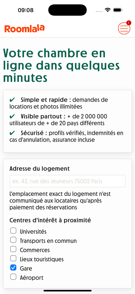 Roomlala app screen showing the room listing process with address entry and nearby amenities selection.
