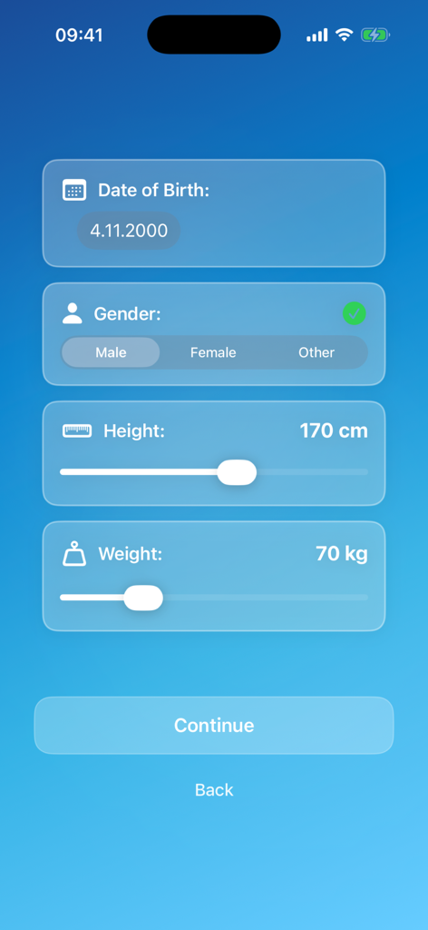 Bildschirm zur Einrichtung des Benutzerprofils in HealthAI plus mit Feldern für Geburtsdatum, Geschlecht, Größe und Gewicht.