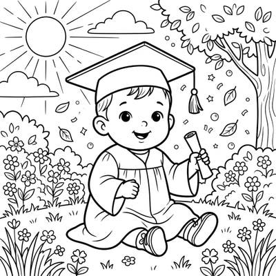 Commemorate a special first "graduation" with this charming coloring page featuring a joyous baby in a cap and gown. This delightful scene, set in a sunny outdoor park, is perfect for celebrating early achievements and creating cherished memories.