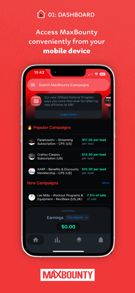 MaxBounty - Smartphone screen displaying the MaxBounty affiliate marketing dashboard with popular campaigns and earnings tracker