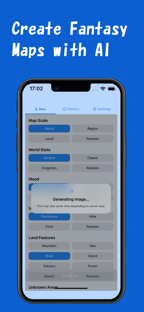 FantasyMapAI - FantasyMapAI app interface showing customization options for scale, mood, and land features while generating a map.