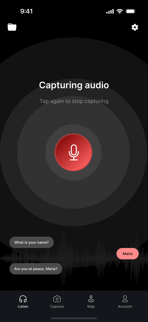 SPI - Interface of the SPI app showing real-time audio capture and EVP transcript during a paranormal investigation
