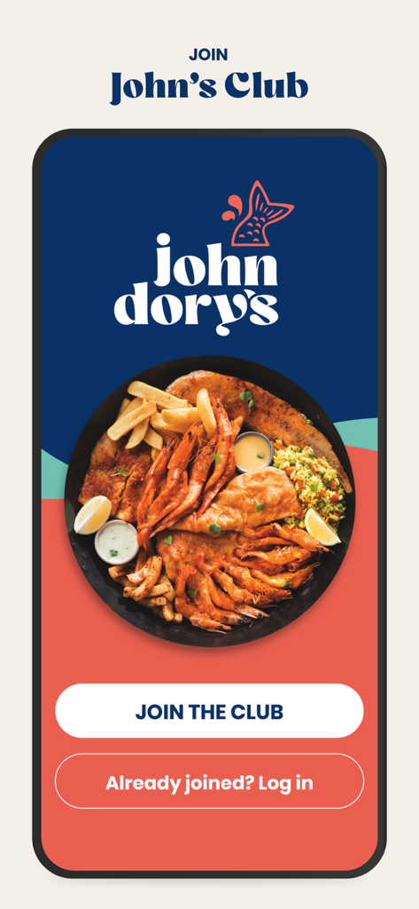 John Dory's - John Dory's app welcome screen showing a seafood platter and buttons to join or log in to the John's Club rewards program.