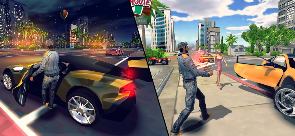 Go To Street - Split screen showing night driving in a sports car and daytime pizza delivery missions in an open world city simulation game