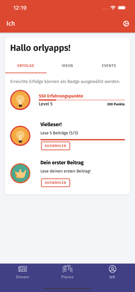 PLACEm - Die Mitrede-App - L'écran des réalisations et récompenses de l'application PLACEm montrant les points de l'utilisateur et les badges gagnés.