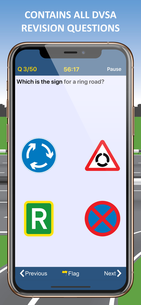 Driving Theory Test Kit (2026) - Driving theory test app showing a road sign revision question