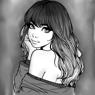 realistic girl with bangs looking over her shoulder