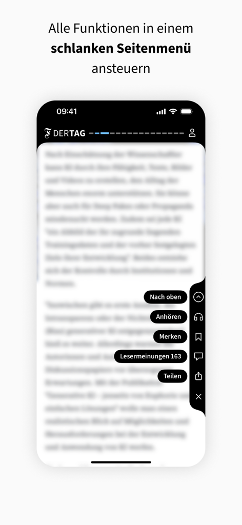 F.A.Z. Der Tag news app screenshot featuring a slim side menu with options to listen, save, and share articles.