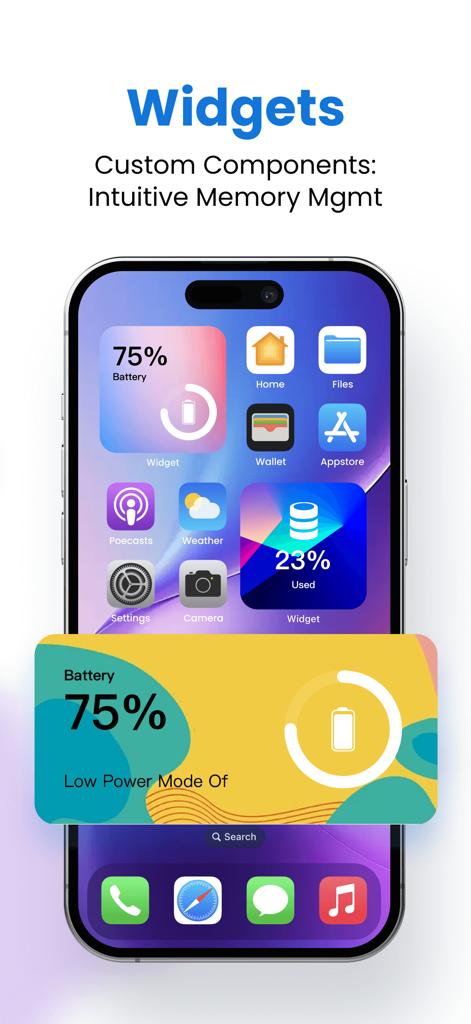 iPhone home screen with custom battery and storage widgets from Sweepy Clean