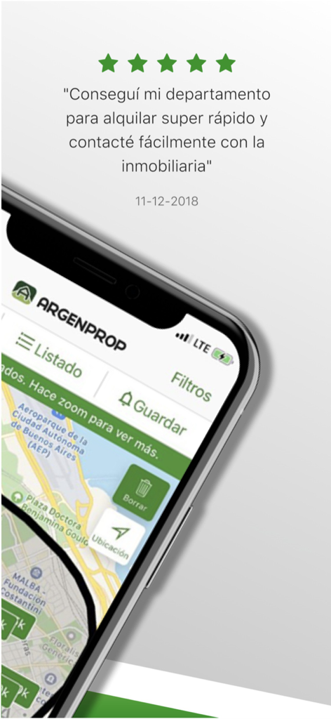 Argenprop - Argenprop app interface showing a five star user review and a property search map