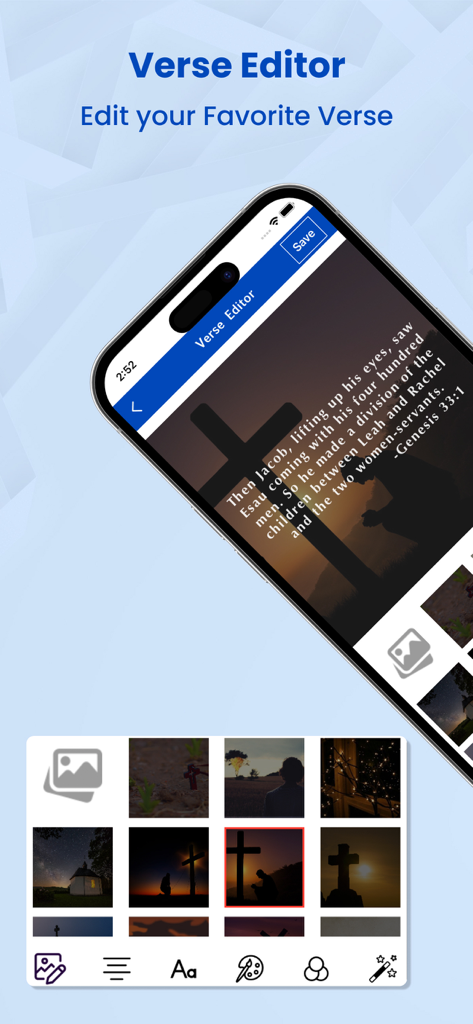 The Verse Editor screen in the Easy-To-Read Bible app showing tools to customize scriptures with background images and text styles.
