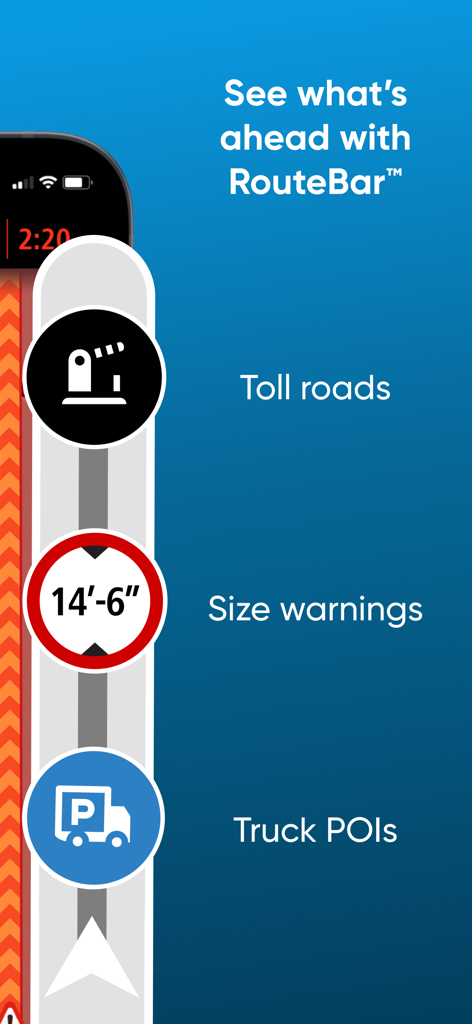 TomTom GO Expert RouteBar display showing toll roads, vehicle size warnings, and truck points of interest