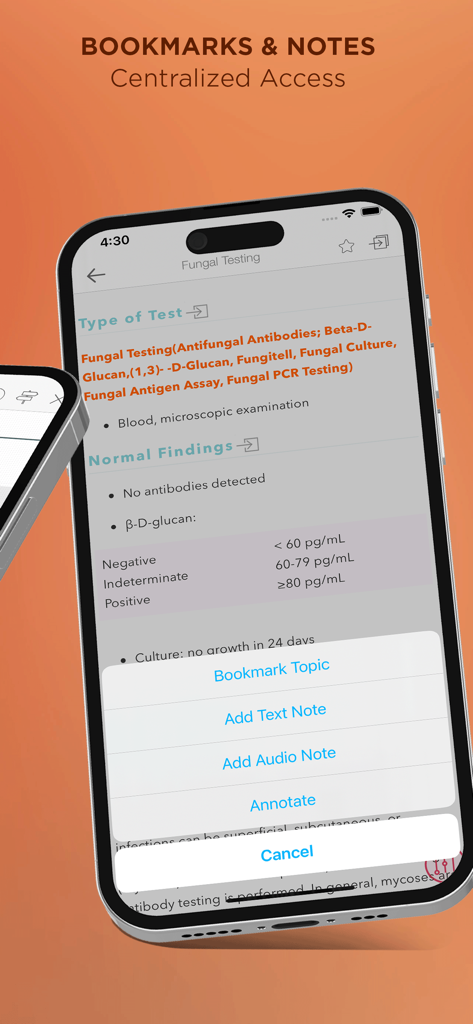 Mosby’s Diag and Lab Test Ref - Mosby's Diagnostic and Laboratory Test Reference app interface showing bookmarks and notes options on a clinical test screen