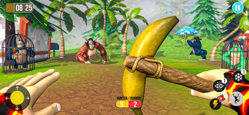 Monkey Monster Survival PEAK - Vista en primera persona de un jugador sosteniendo un pico de plátano en una jungla con monstruos mono y jaulas