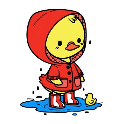 baby duck in a rain coat and boots, in a puddle while it’s raining
