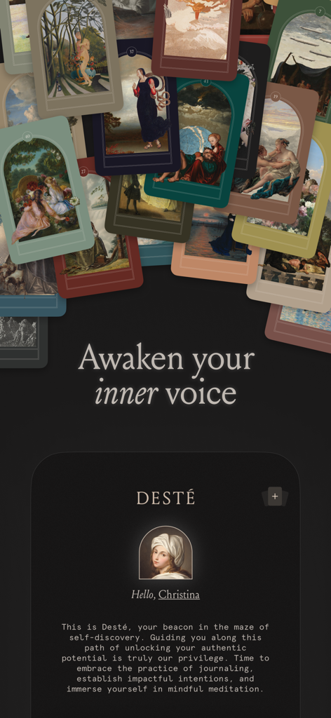 Écran d'introduction du journal de pleine conscience Deste présentant des cartes d'oracle et une salutation pour l'utilisateur.