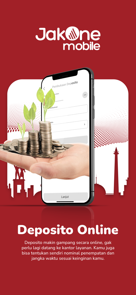 JakOne Mobile app screen for online time deposits featuring a hand holding growing coins