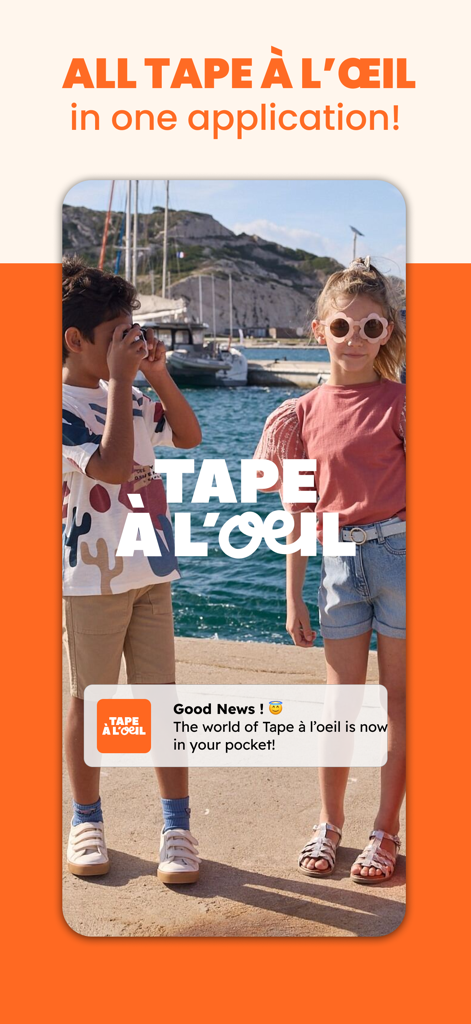 Tape à l'oeil - Kids Clothing - Two children wearing trendy outfits on the splash screen of the Tape à l'oeil kids fashion shopping app