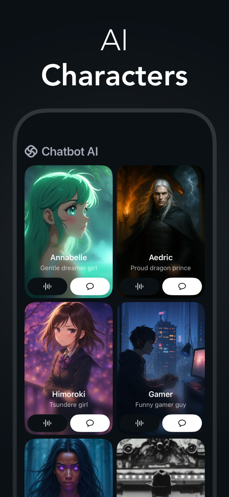 Un menú de personajes IA en la aplicación que incluye personajes de estilo anime y fantasía con opciones de voz y chat.