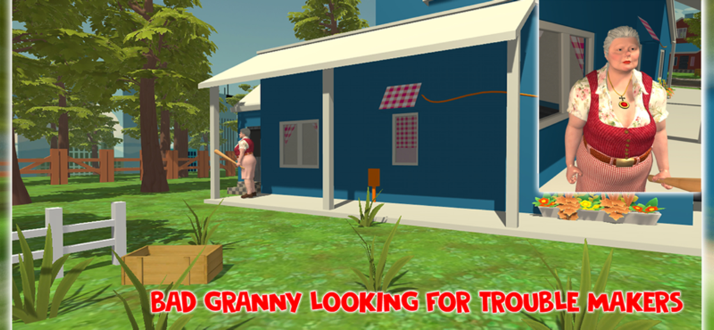 Bad Granny Chapter 3 - Bad Granny-Figur mit einem Holzschläger vor ihrem blauen Haus in einem Vorstadtgarten