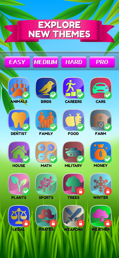 Word Search Games: Wordscapes - Uma tela de menu mostrando vários temas de caça-palavras e opções de nível de dificuldade no jogo