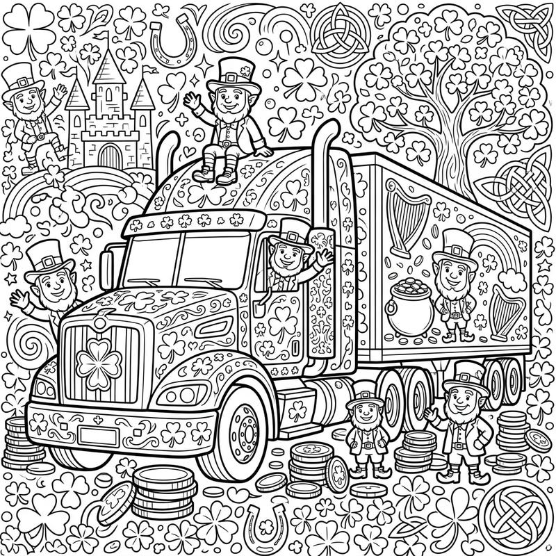 Celebrate St. Patrick's Day with this festive truck coloring page! Discover cheerful leprechauns, lucky shamrocks, and pots of gold waiting for your creative touch.