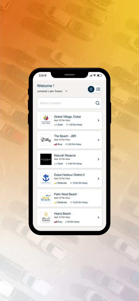 PARKONIC plus mobile app showing a list of parking spots with rates and availability status