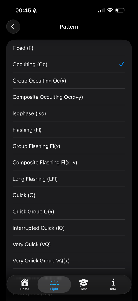 Maritime Master – IALA Buoyage - A list of maritime navigation light patterns in the app interface including fixed, occulting, and flashing options