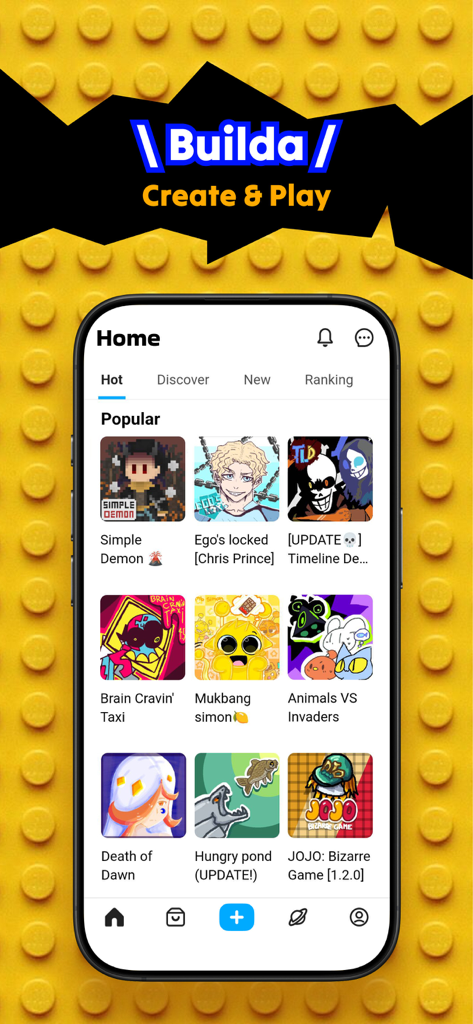 Builda: Create & Play Games - Buildaアプリのホーム画面に、ユーザーが作成した人気のゲームのグリッドが表示されている