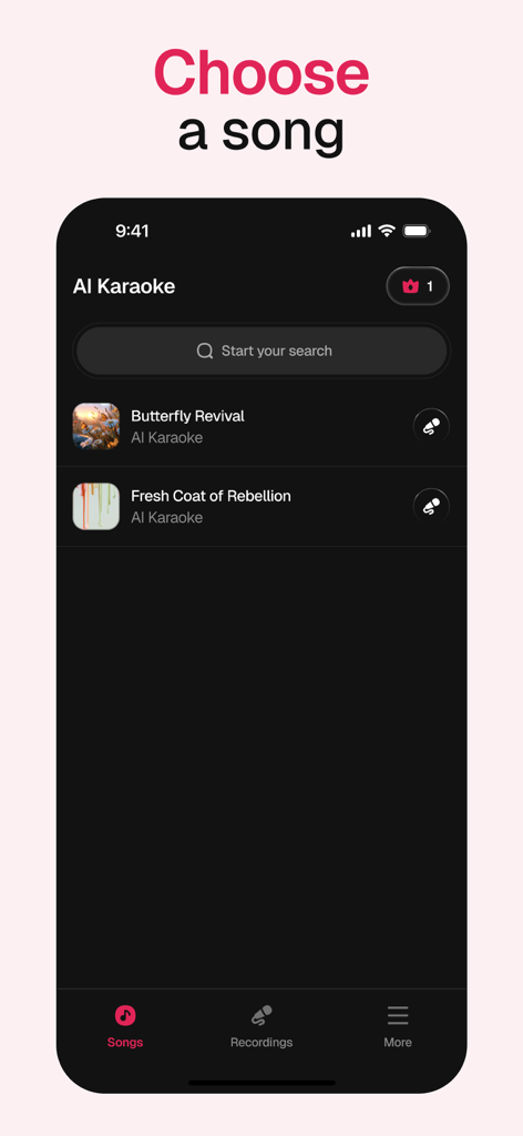 AI Karaoke: Sing & Record - Pantalla de la aplicación Karaoke IA que muestra una lista de canciones y una barra de búsqueda para elegir música para cantar.