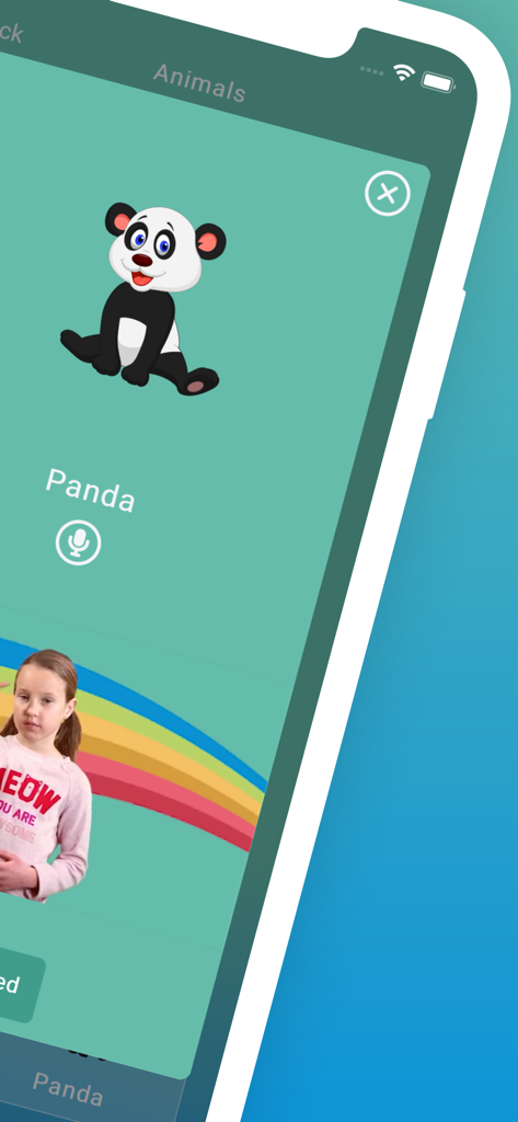 ASL Kids - School - Oberfläche der ASL Kids School App, die die Gebärde für Panda mit einem Cartoon und dem Video eines Kindes lehrt.