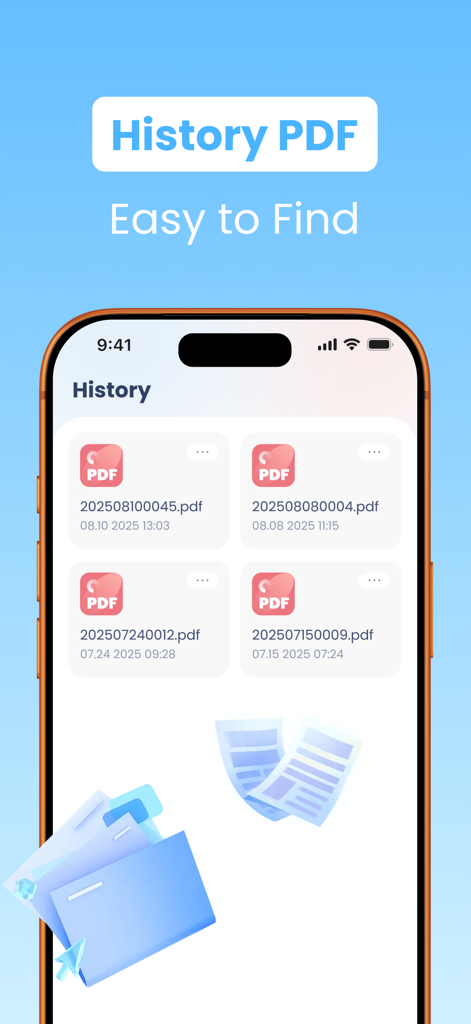 Zeno PDF 모바일 앱 기록 화면, 저장된 파일 표시