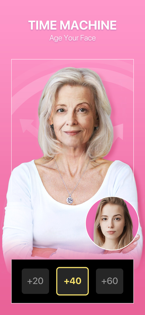 Tempi Art-Cartoon&AnimatePhoto - App screen showing the Time Machine feature that ages a face by forty years