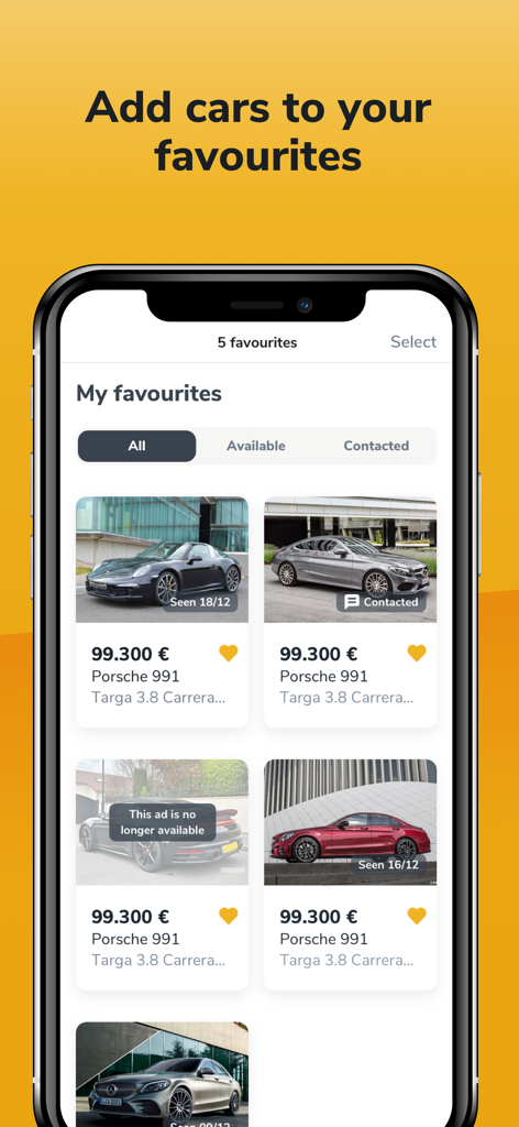 Luxauto.lu - Luxautoのお気に入りのセクションにある車のリストを表示する画面