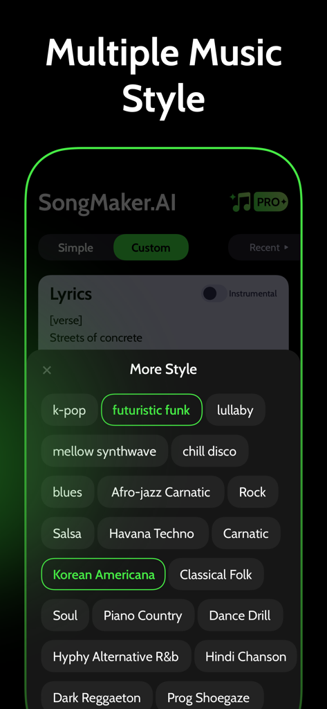 App interface showing a menu of diverse music style options for AI song generation