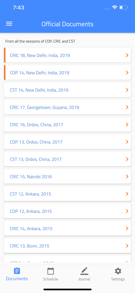 Lista de documentos oficiales de las sesiones de la UNCCD, incluyendo COP, CRIC y CST.